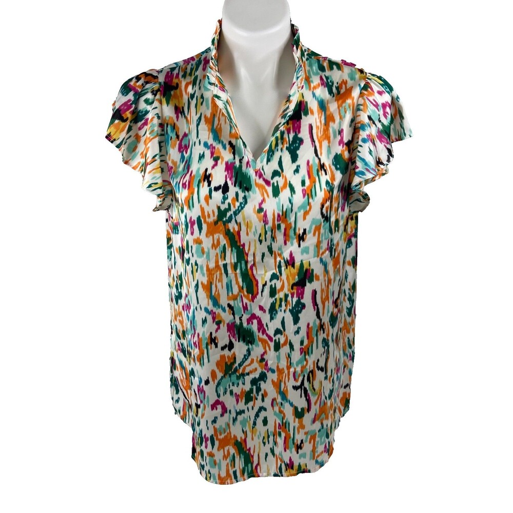 Multi Color Abstract Women Large Blouse V Neck Casual NWT
